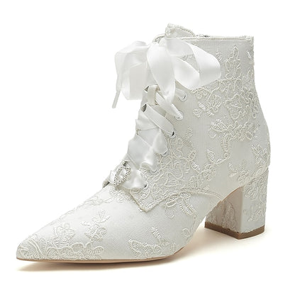 Lace-Up Embroidered Floral White – Women's Bridal Booties