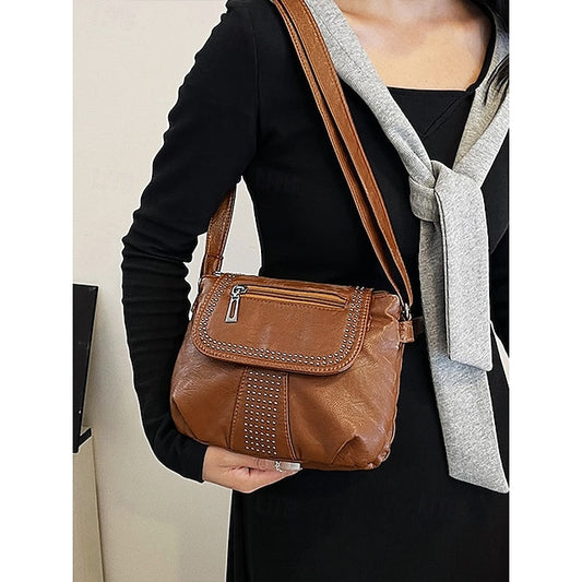 mit Kunstledertasche Damen Braun Crossbody Nieten