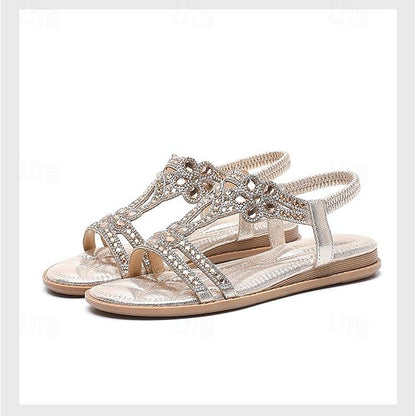 Flat Sandals Silver Women's – T-Strap Rhinestone Boho