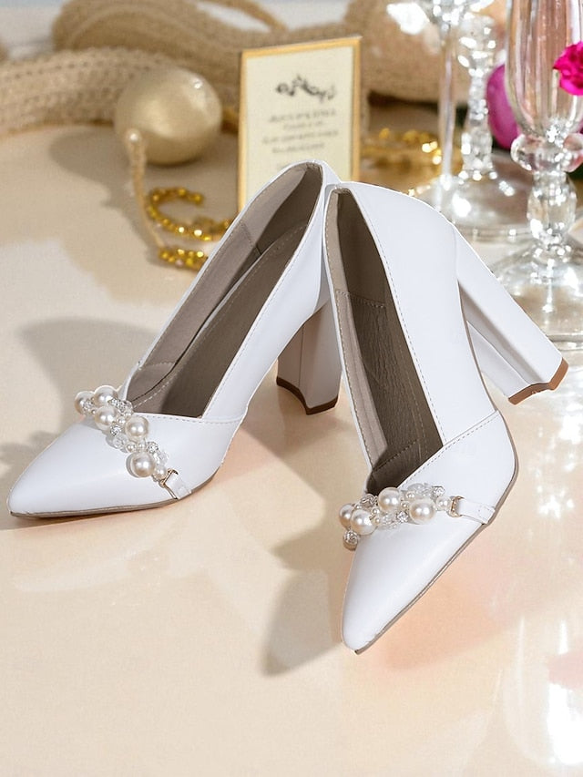 White Decor Pumps Block Women's Pearl Heel