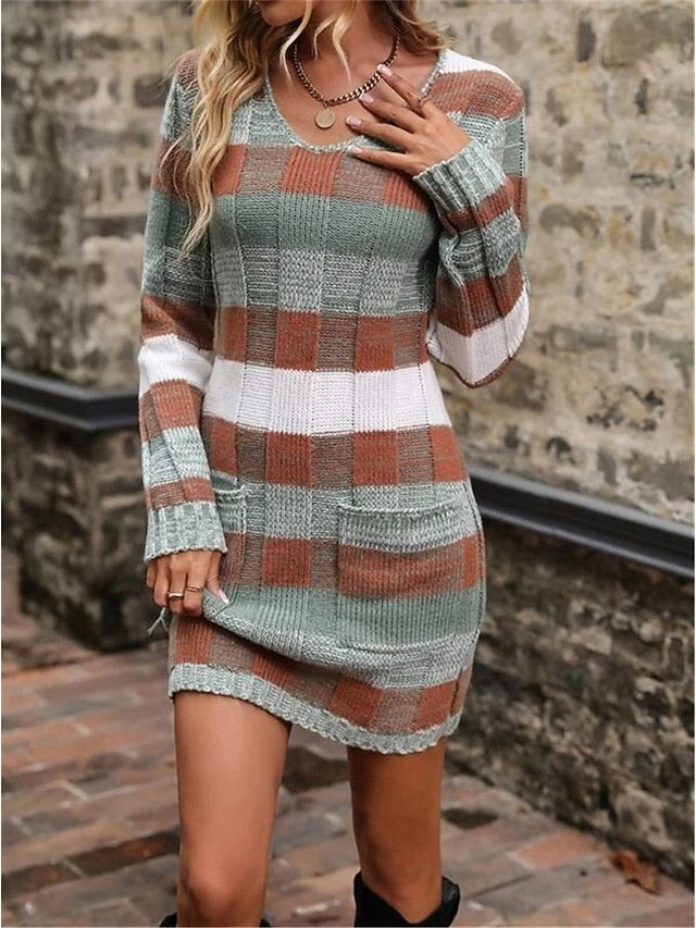 Women's Plaid V Neck Maxi Dress Long Sleeve Spring Fall