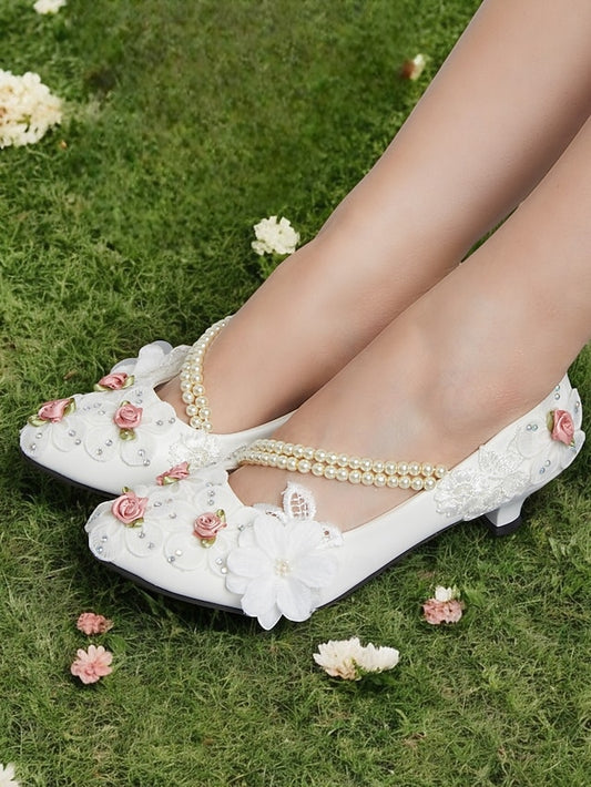 Low Pearl Floral Shoes Bridal White for Embellished Heel Strap