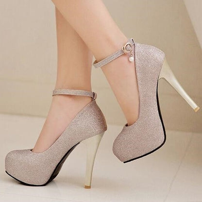 Women's Stiletto Heels with Ankle Glitter Platform Silver