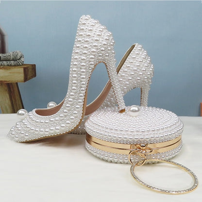 Purse White and Stiletto Round Pearl-Embellished Pearl Set Heels