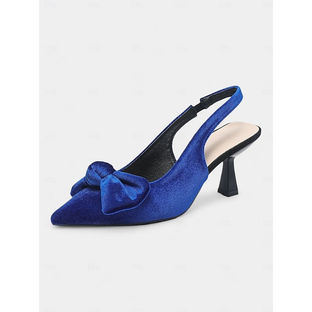 Women's Bow Pointed Velvet Heels Slingback Toe with Blue