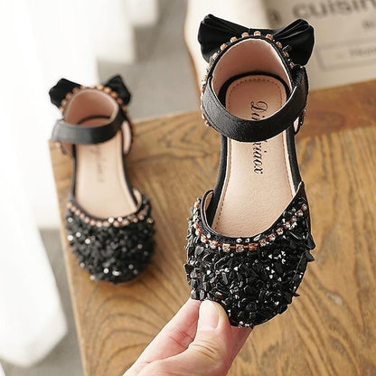 Sparkly Girls' Crystal Bow Shoes Satin and Girl with Flower