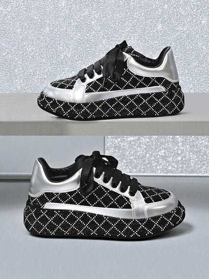 Quilted and Rhinestone Black Sneakers - Women's Silver