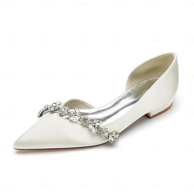 Toe White Shoes with Pointed Wedding Satin Flat and Crystal