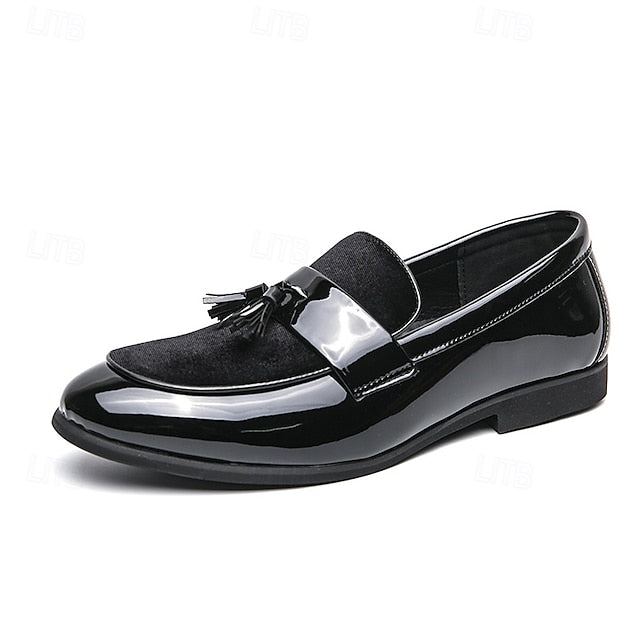 Men's Loafers Velvet Black Tassel Patent Leather – Faux