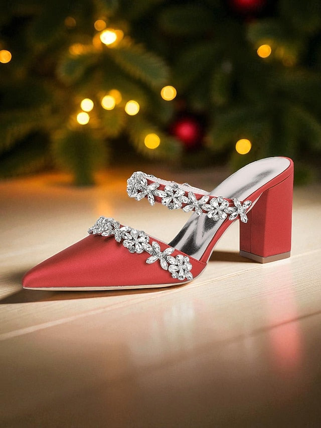 Block Satin Women's Heel Rhinestone Mules with Floral Black