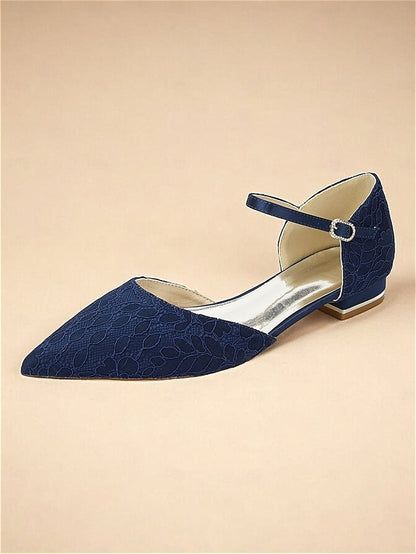 Strap with Blue Navy and Ankle Lace Flats Women's Pointed