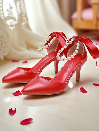 Ankle with Strap Bow Women's Pearl Heel - Kitten Pumps Blue