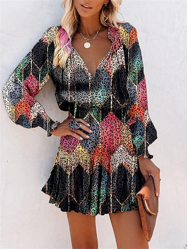 Women's Floral Leopard Ruched Ruffle V Neck Mini Dress