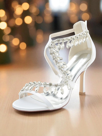 High Women's with Strappy Sandals Rhinestone White Heel