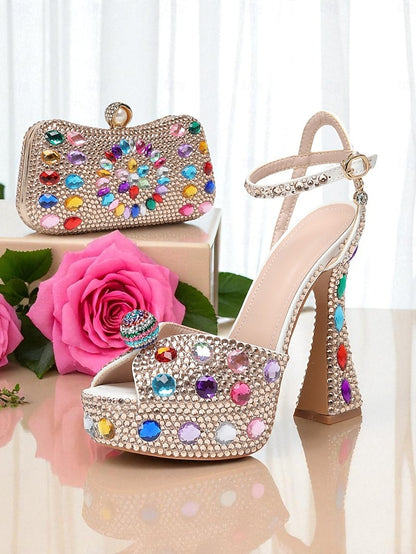 Heel Women's High with Rhinestone Platform Matching Sandals