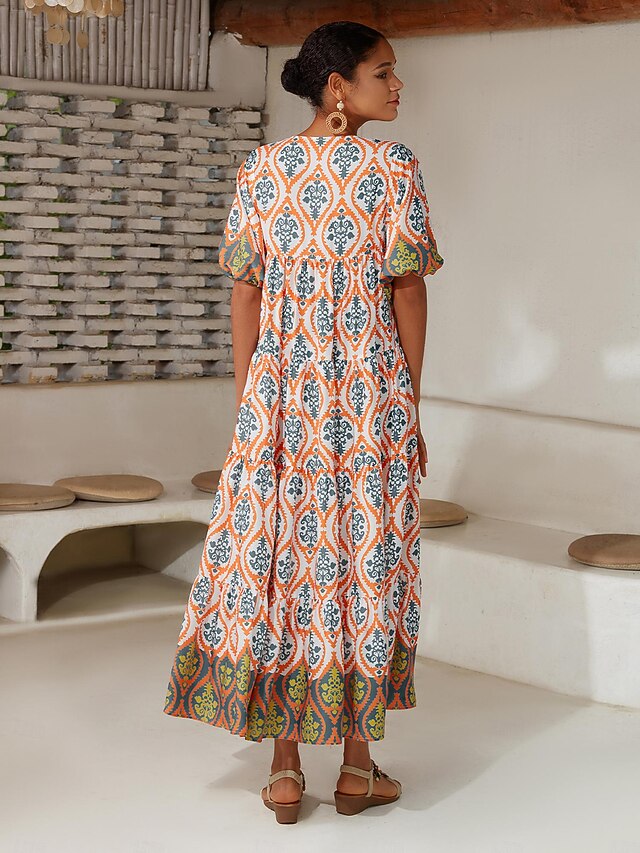 Satin Rainbow Totem Print Swing Maxi Dress