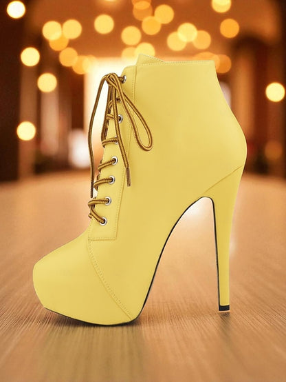 Boots Platform Beige Ankle - Women's Lace-Up Leather Faux