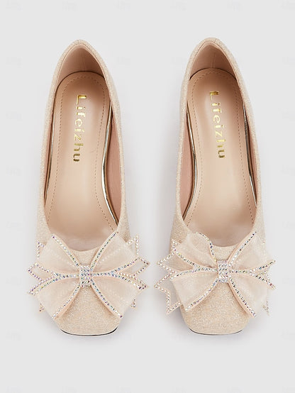 with Heel Pumps Bow - Gold Block Decoration Women's Glitter