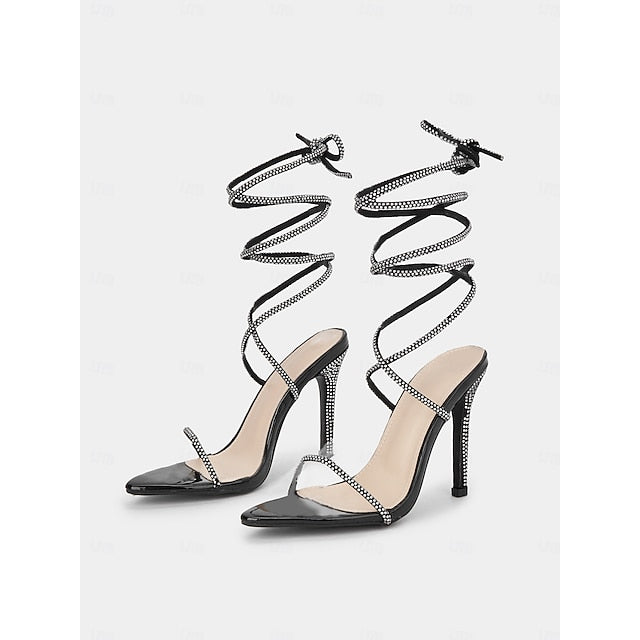 Black Lace-Up Stiletto Women's Sandals – Sexy Rhinestone