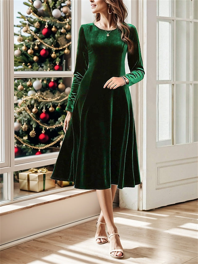 Women's Midi Dress Long Sleeve Velvet Burgundy Elegant