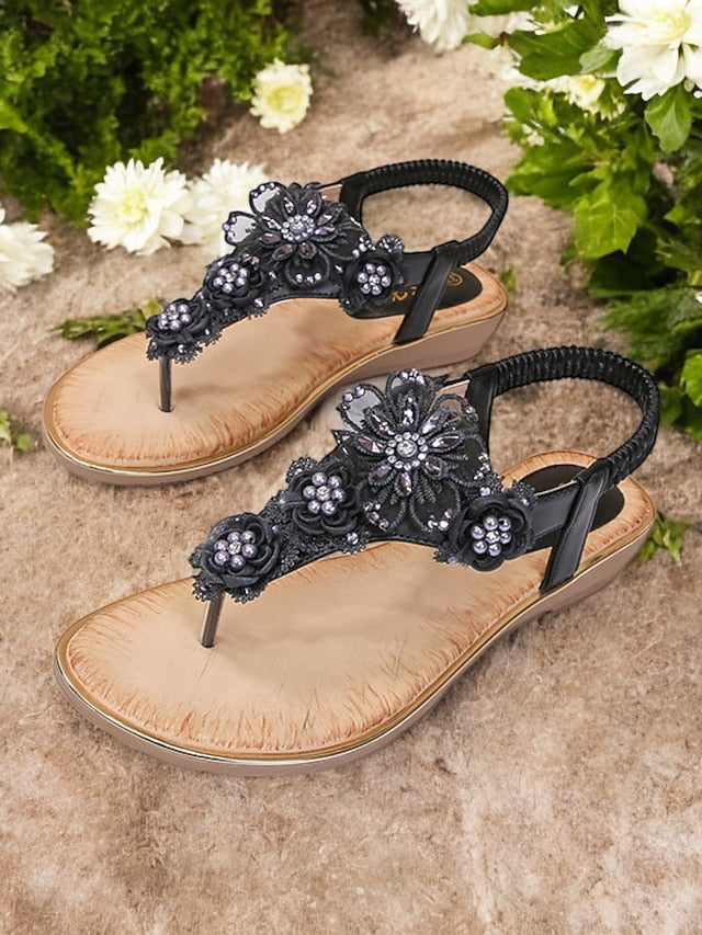 Women's T-Strap Lace Sandals Floral Embellished Pink –