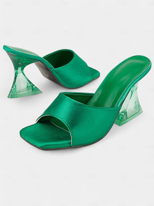 Mules Green with Transparent Satin Block Heels Open-Toe for