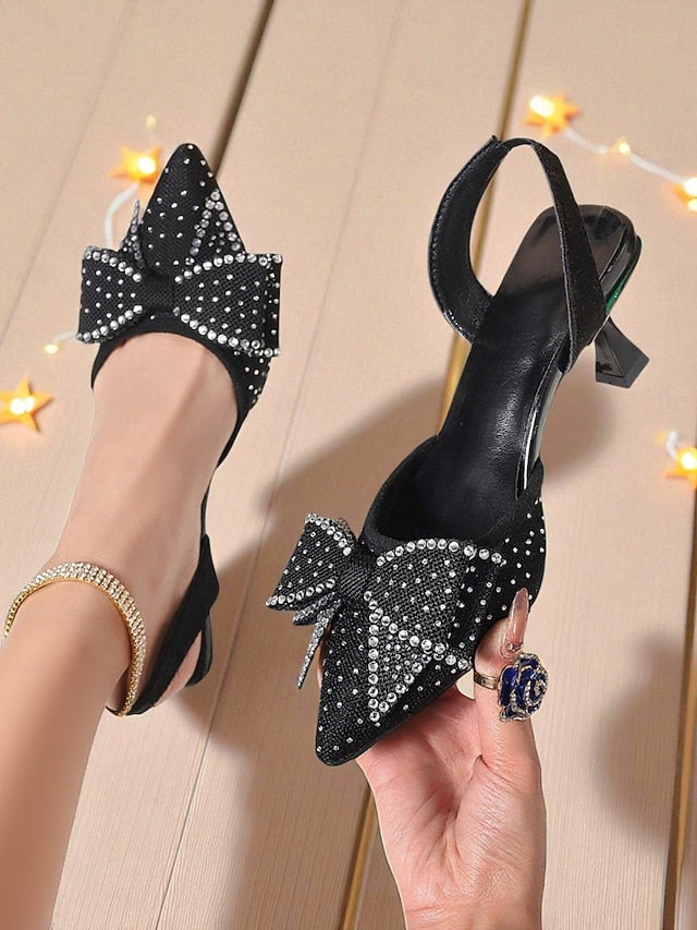 Slingback Bow Pointed Women's - Heels Sparkly Rhinestone