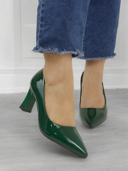 Pumps Patent Faux Pointed-Toe Heel Glossy Leather Green Block