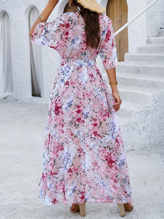 Women's Casual Dress Floral Print V Neck Long Dress Maxi