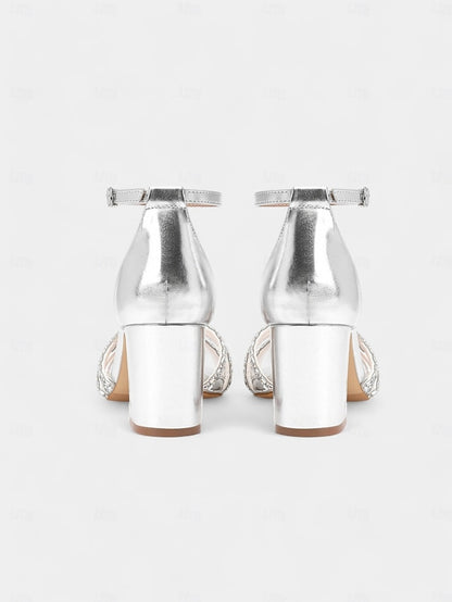 Metallic Rhinestone Block Strappy with Heel Silver Sandals