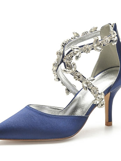 Heels Satin Women's White Pointed Crystal Strap – Elegant