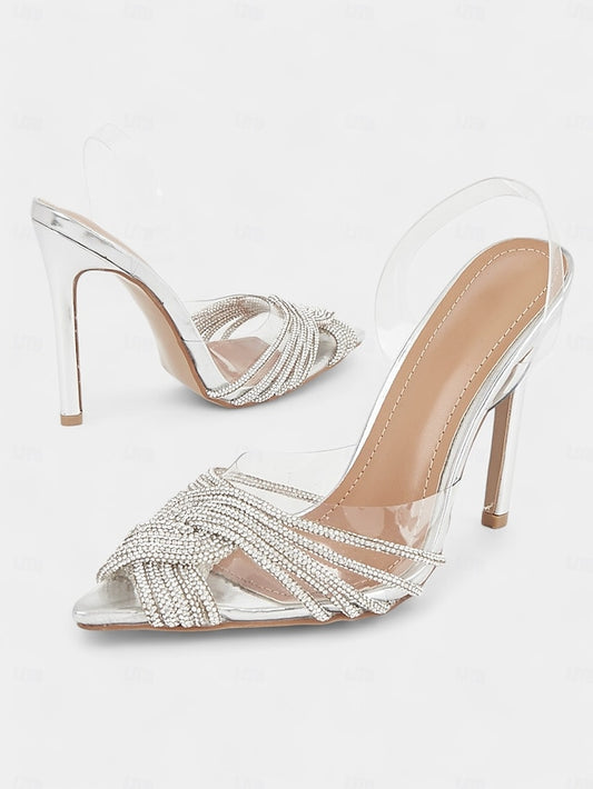 Sandals Stiletto Silver with Transparent Rhinestone – Straps