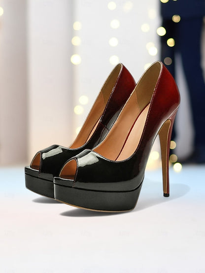 High Leather Women's Platform Patent Heels Peep Black Toe