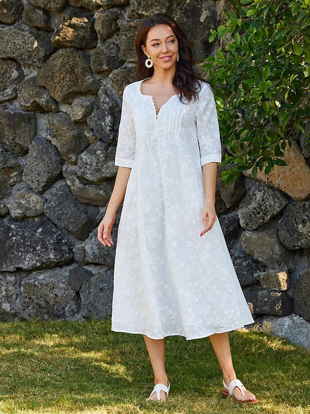 Women's Cotton Dress Sundress White Floral Midi Dress