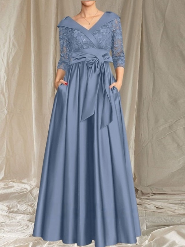 Neck Dress Guest Elegant the A-Line Mother of Wedding V Bride