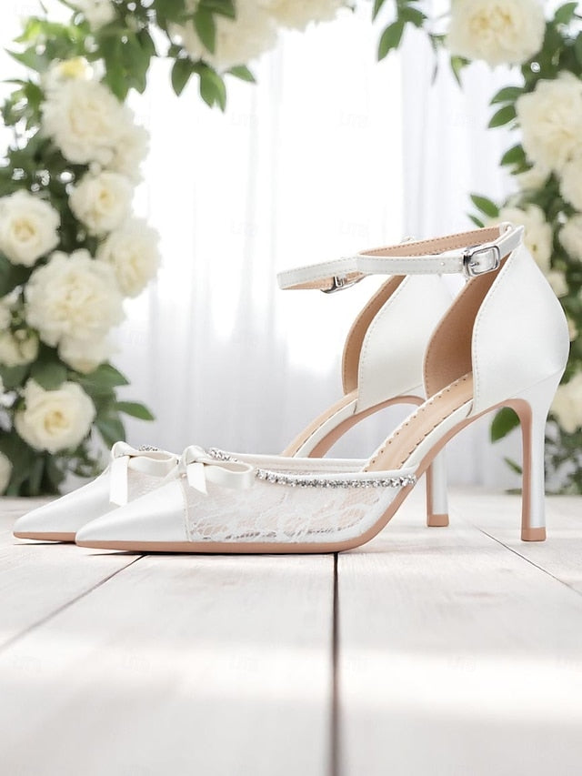 Satin White Heels High Lace Women's