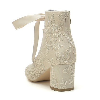 Lace-Up Embroidered Floral White – Women's Bridal Booties