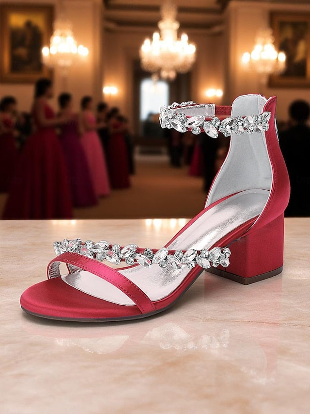 Purple Satin Crystal Sandals - Women's Heel Block