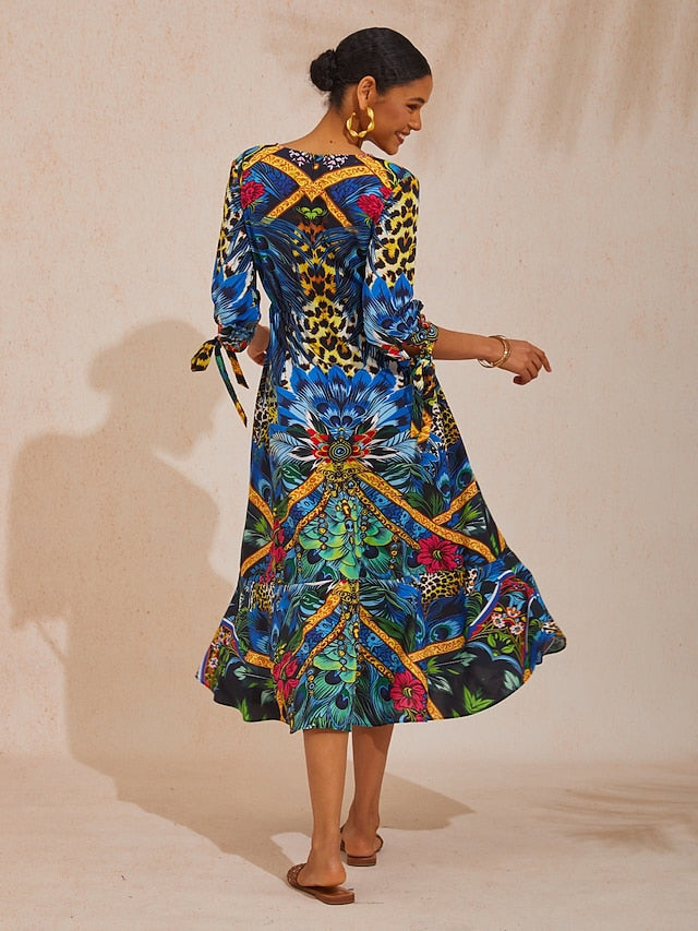 Vacation Jungle Peacock Print Fitted Waist Cotton Feel Maxi