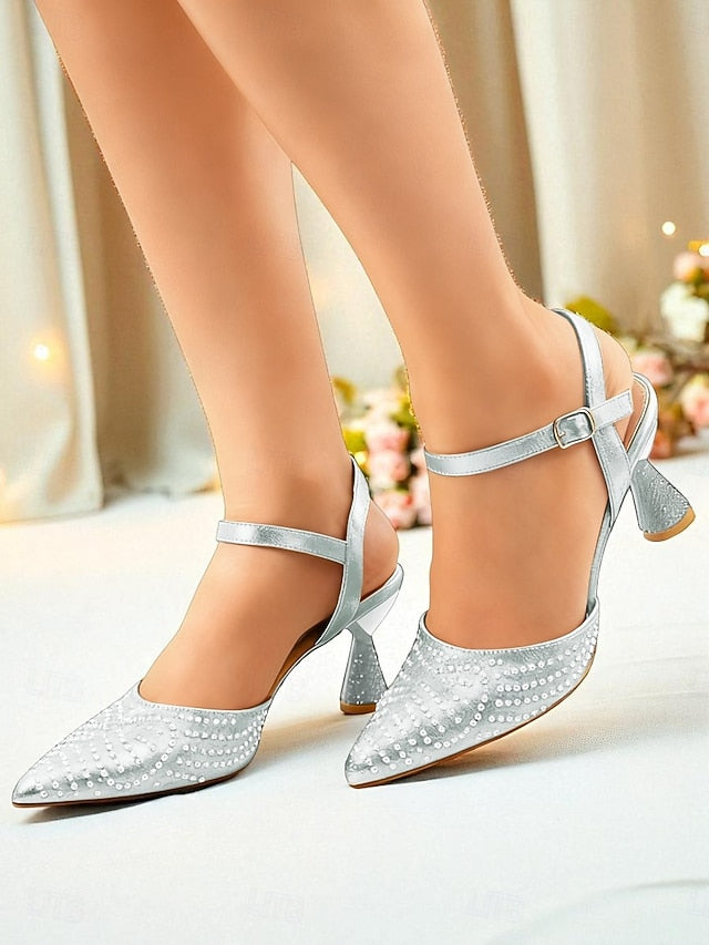 Toe Red Pointed Women's Heels Slingback Rhinestone
