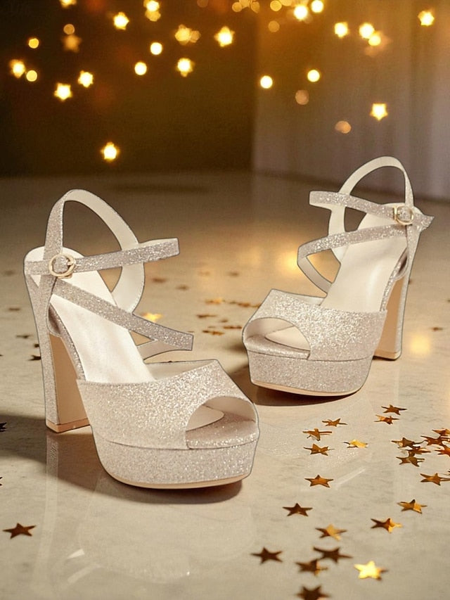 Strap Heel Sandals Platform Ankle High with Glitter Women's
