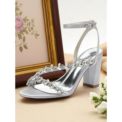 - Rhinestone Heel Block Sandals Women's Straps White with