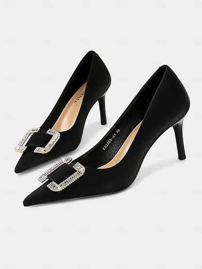 for Elegant Green Pumps Buckle with Satin Women: Rhinestone