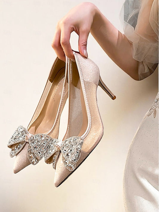 Women's Heels Bow Rhinestone High with Glitter