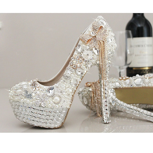 Women's White Platform Pearl Rhinestone Embellished and