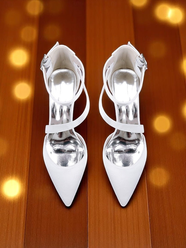 Satin Block Pointed Toe Heels Women's Champagne -