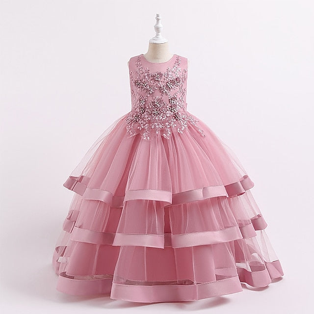 Wedding Girls' Colored Solid Sleeveless Party Kids Dress