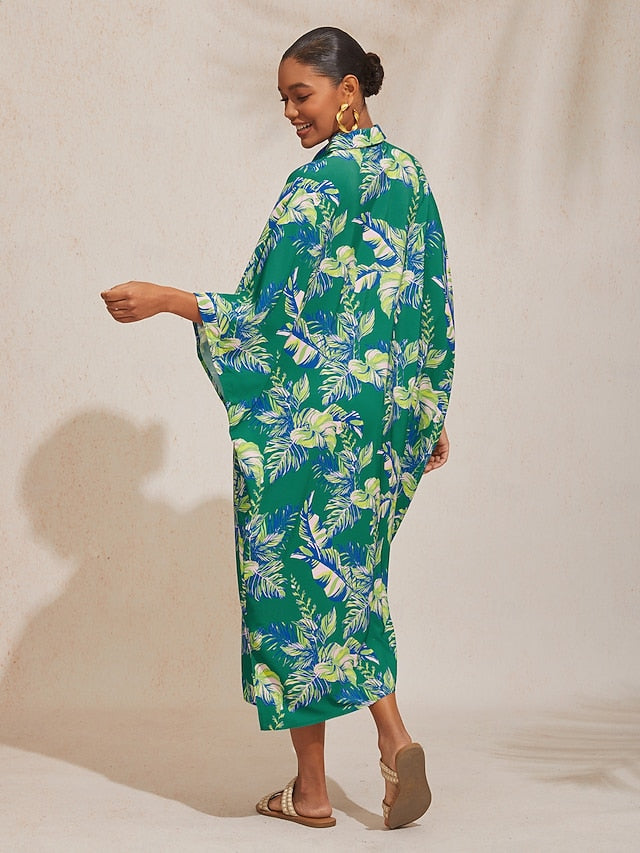 Leaf Print Shirt Short Sleeve Midi Chiffon Dress