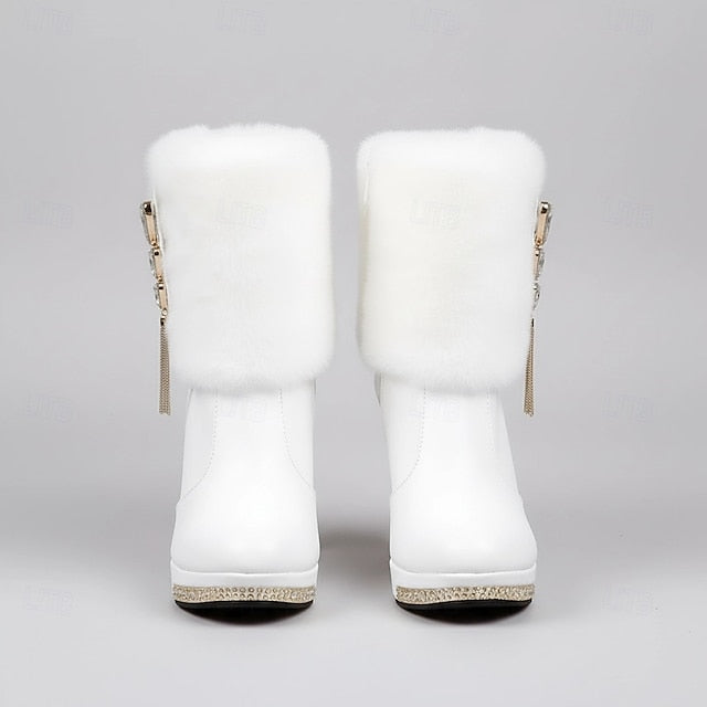- Heels Rhinestone Fur Boots Faux Women's White with Ankle