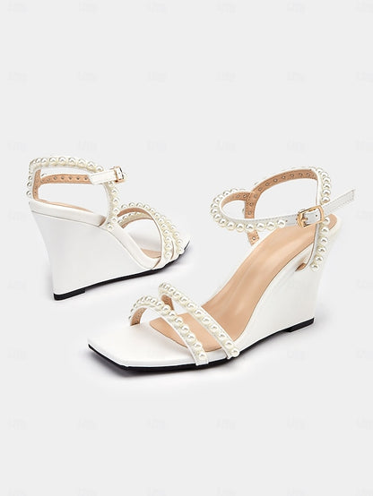 Open-Toe – Pearl-Embellished Heels Wedge Women's Elegant